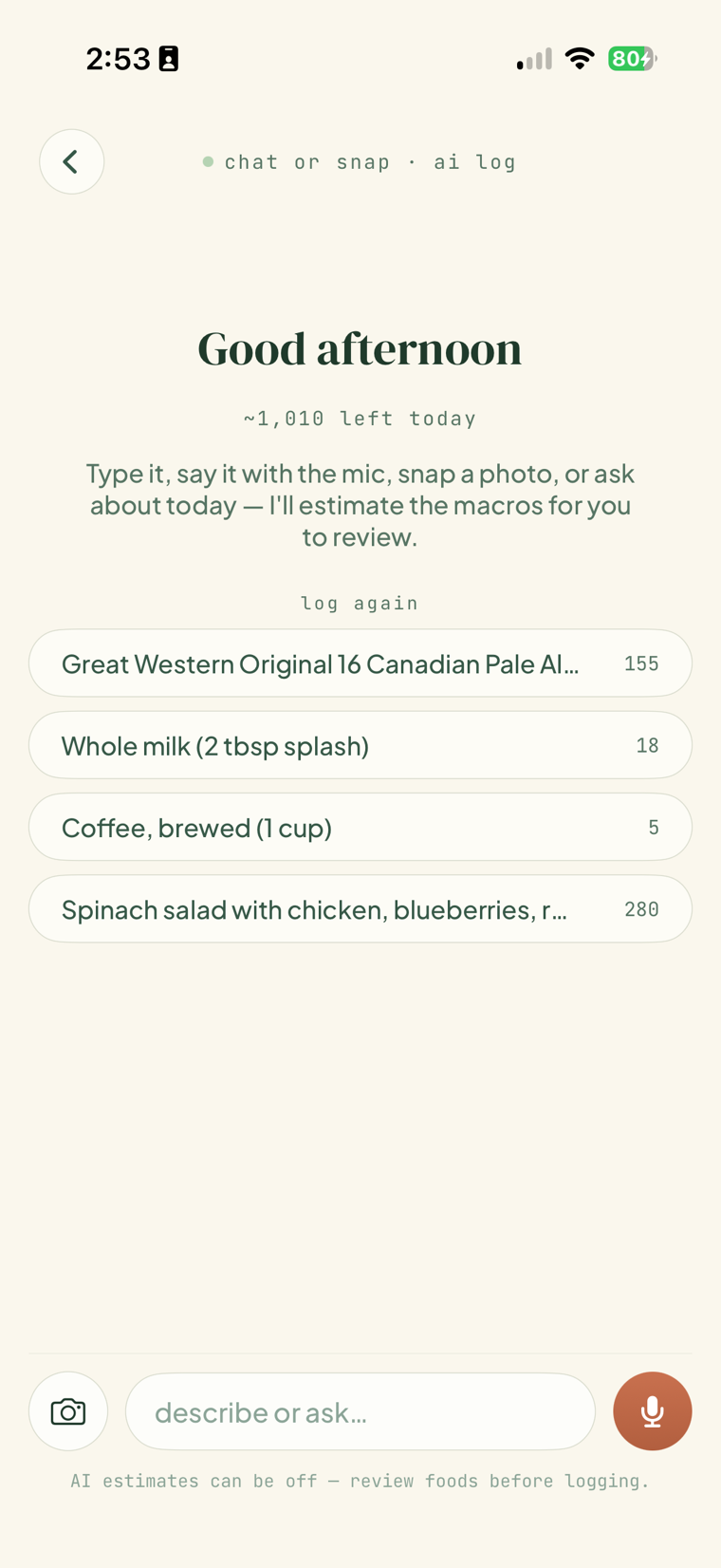 FitGlass AI log screen with a describe-or-ask field, camera button, and microphone