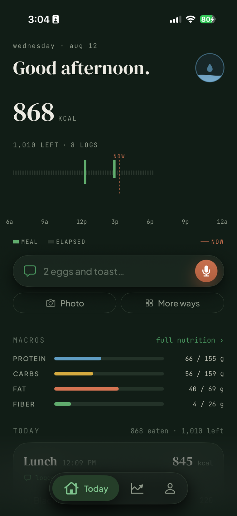 FitGlass Today screen showing calories, the day timeline, the chat and mic log bar, and macro bars