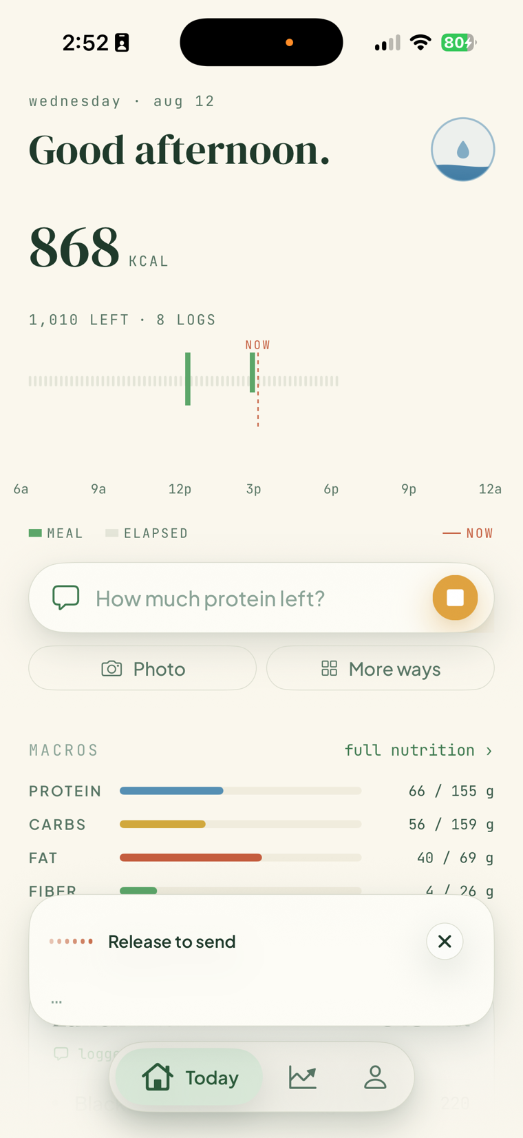 FitGlass Today screen recording a voice note, showing 'release to send'