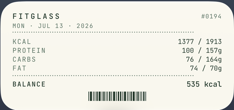 FitGlass Home Screen widget in the Receipt theme, showing calories remaining